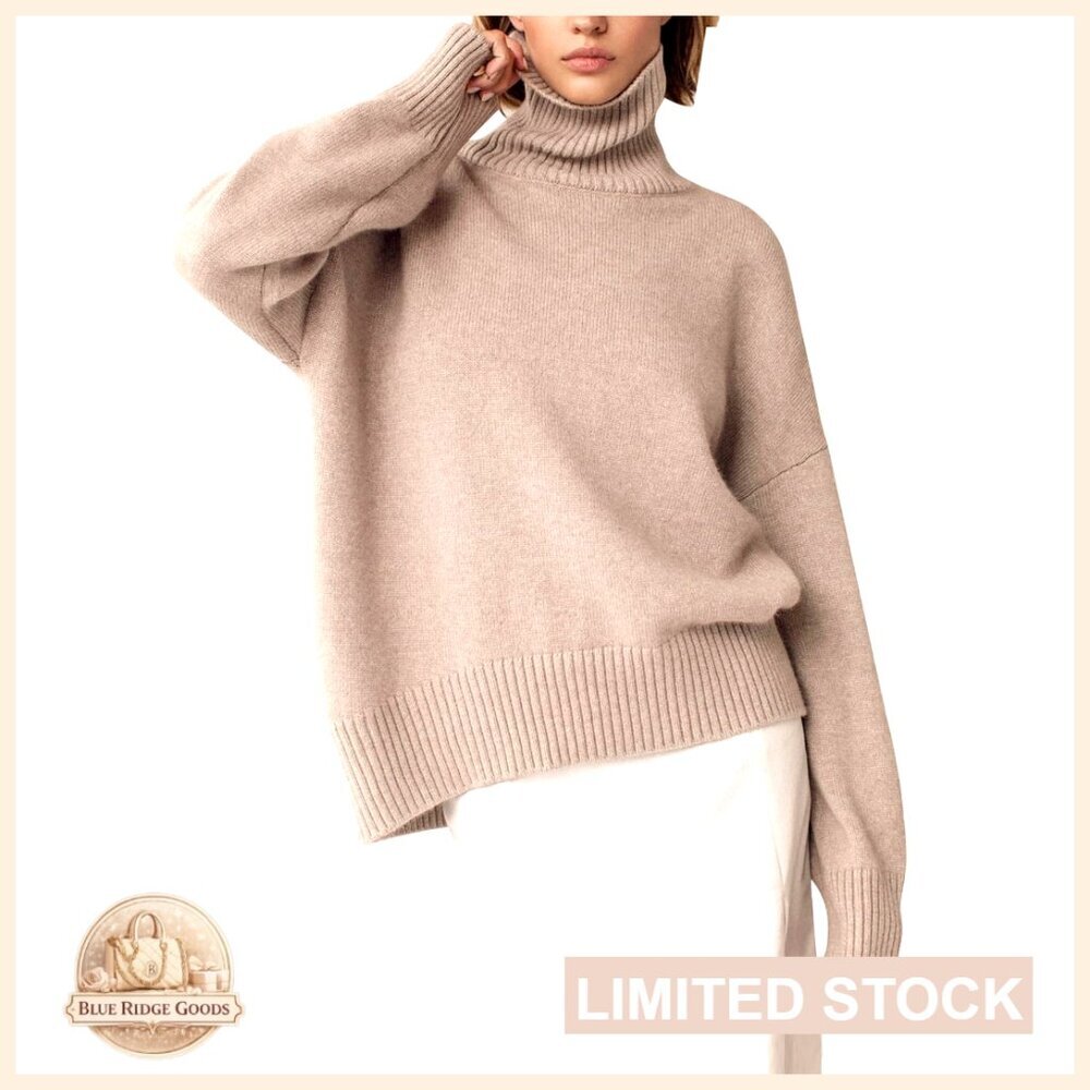 Chunky Knitted Turtleneck Sweater High Low Hem Pullover Long Sleeve